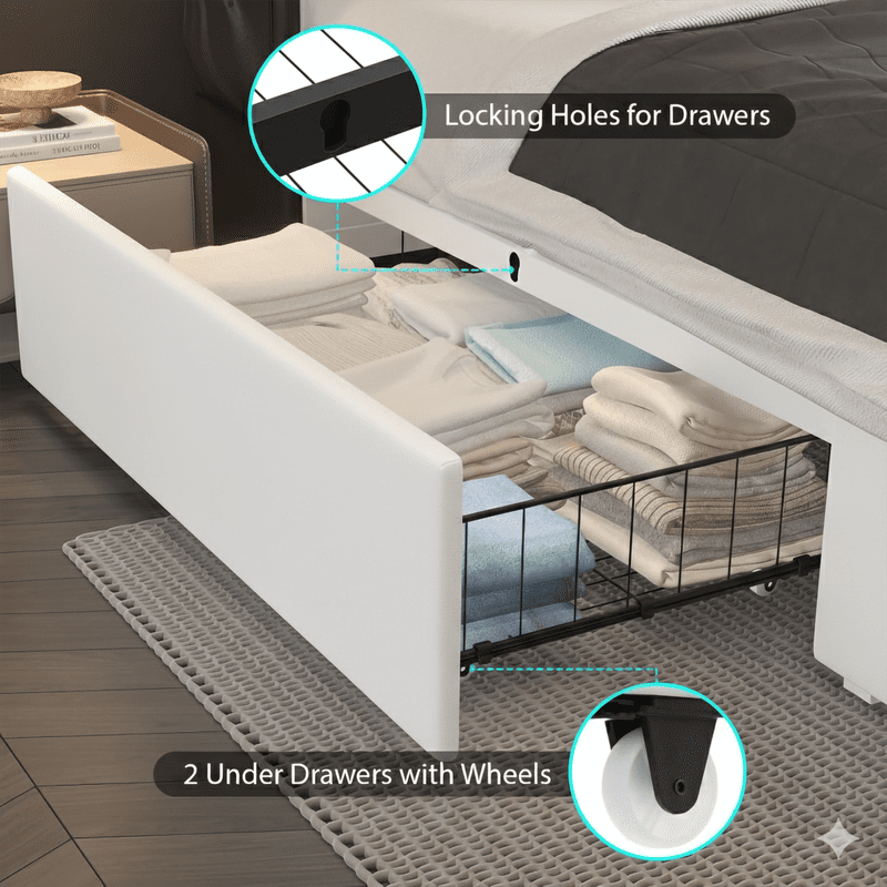LED Bed Frame with Charging Station, 2 Storage Drawers & Side Storage, Upholstered Platform Bed with Wingback Diamond Headboard, Metal Slats Support, No Box Spring Needed, Noise Free, Queen