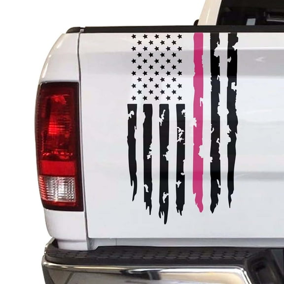 Breast Cancer Awareness Thin Pink Line Flag Distressed American USA US Flag Truck Tailgate Vinyl Decal - Compatible with most Pickup Trucks (11" x 20", Black & Pink)