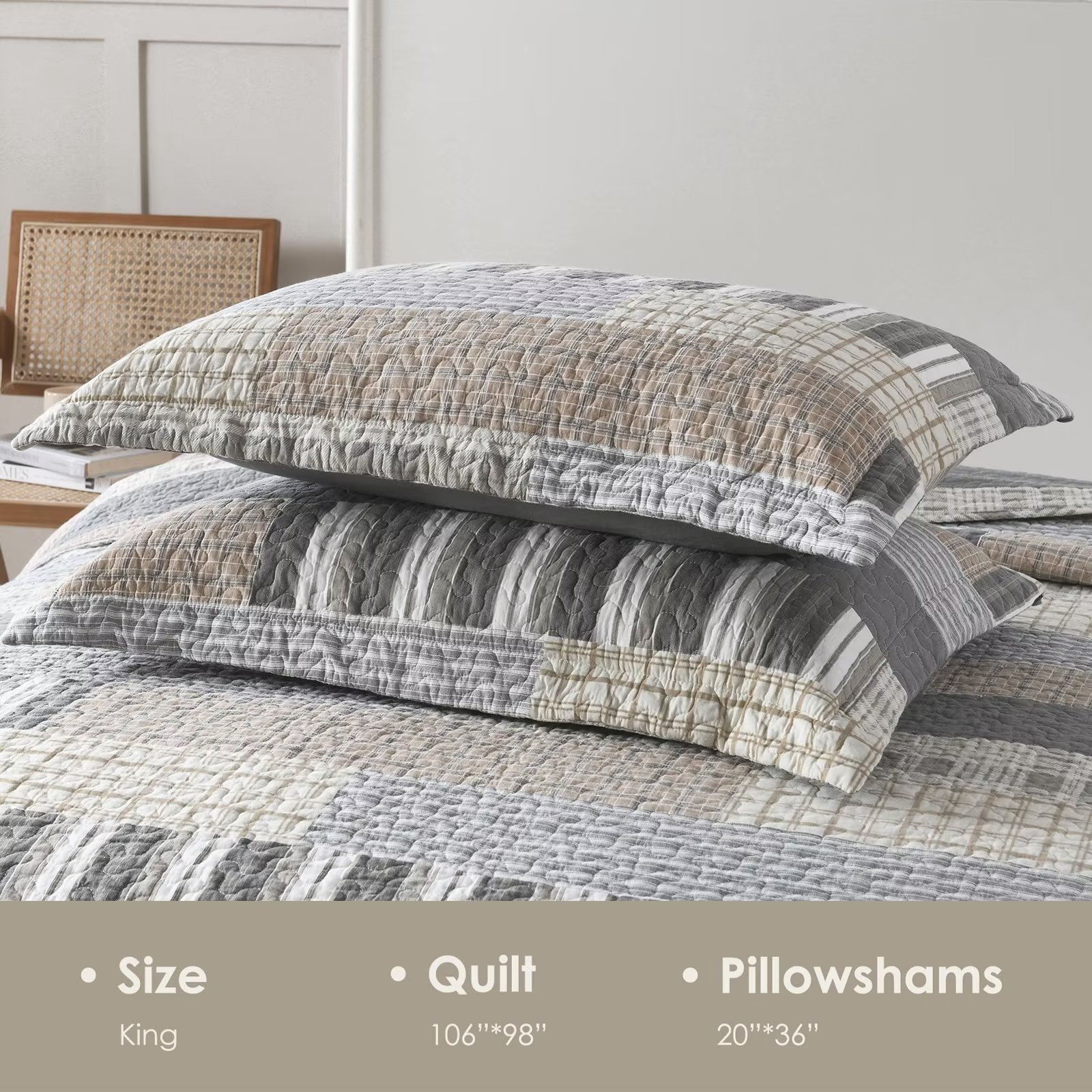 Bedduvit 100% Cotton King Size Quilt Set - Farmhouse Grey Brown Beige Quilt King Size Bedspread, Patchwork Striped Plaid Soft Lightweight Reversible Coverlet Bedding Set with 2 Shams for All Season
