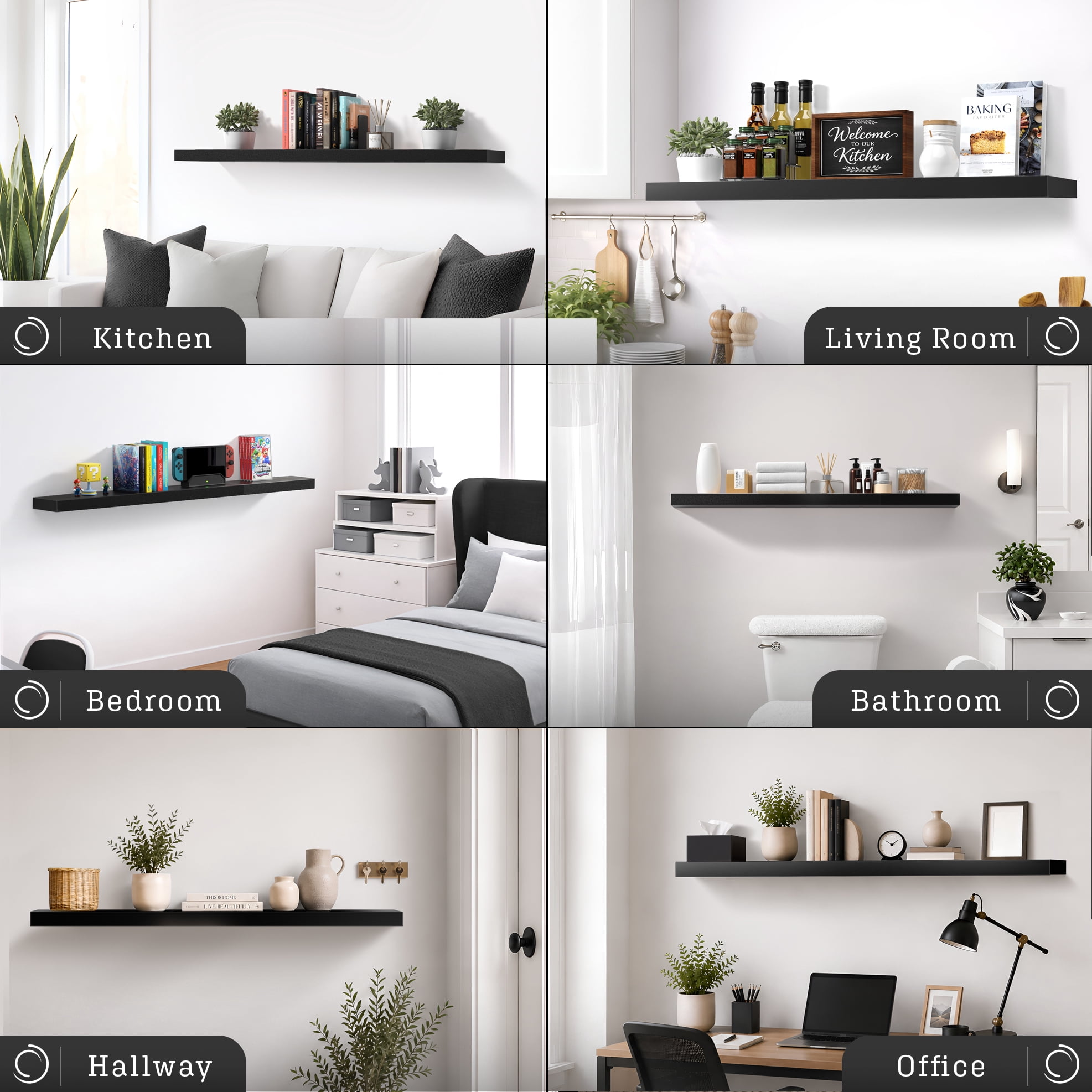 Sorbus 55" Floating Wall Shelf, Black, Invisible Brackets, Bathroom, Bedroom & Home Decor