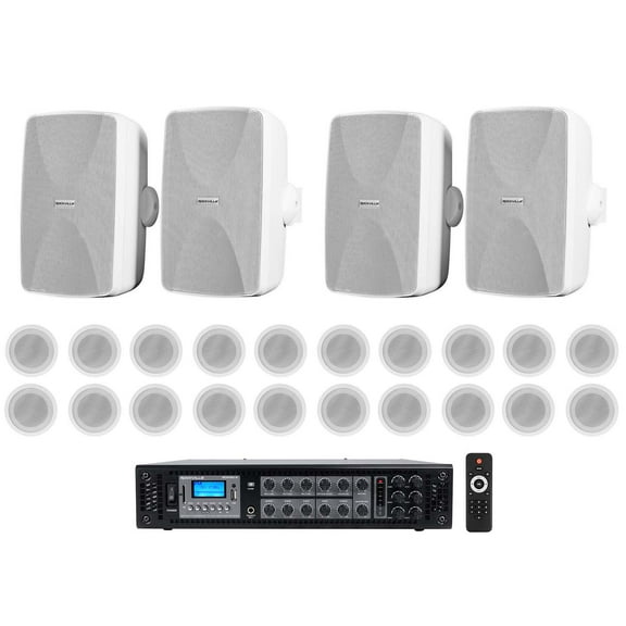 4) White 5.25" Wall 20) 5" Ceiling Speakers Commercial Amp For Restaurant/Office