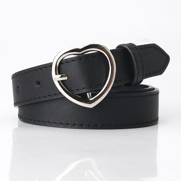 Xiao Hua Cinturón de piel sintética para mujer, ideal para vestidos y vaqueros, con botones de corazón (negro)