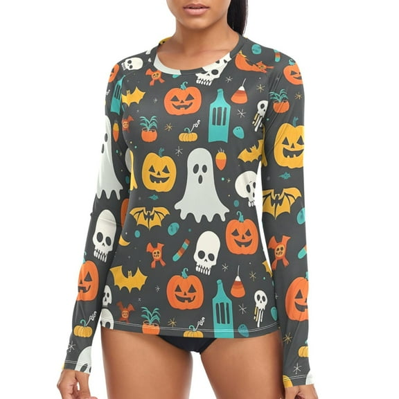 joogoo Womens UPF 50  Sun Shirts Pumpkins Ghost Bats Halloween Long Sleeve UV Protection Rash Guard Tops S