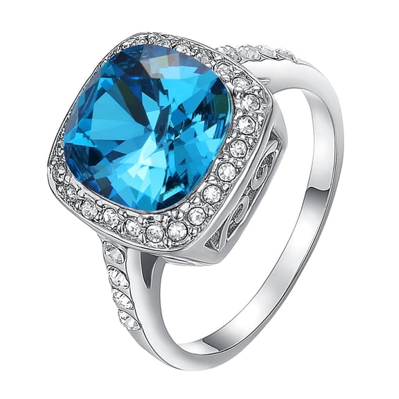 Yoursfs Large Birthstone Blue Zircon Rings for Women Platinum Plated Square Princess Cut Sapphire CZ Halo Rings for Anniversary Engagement Gift (Size 6)
