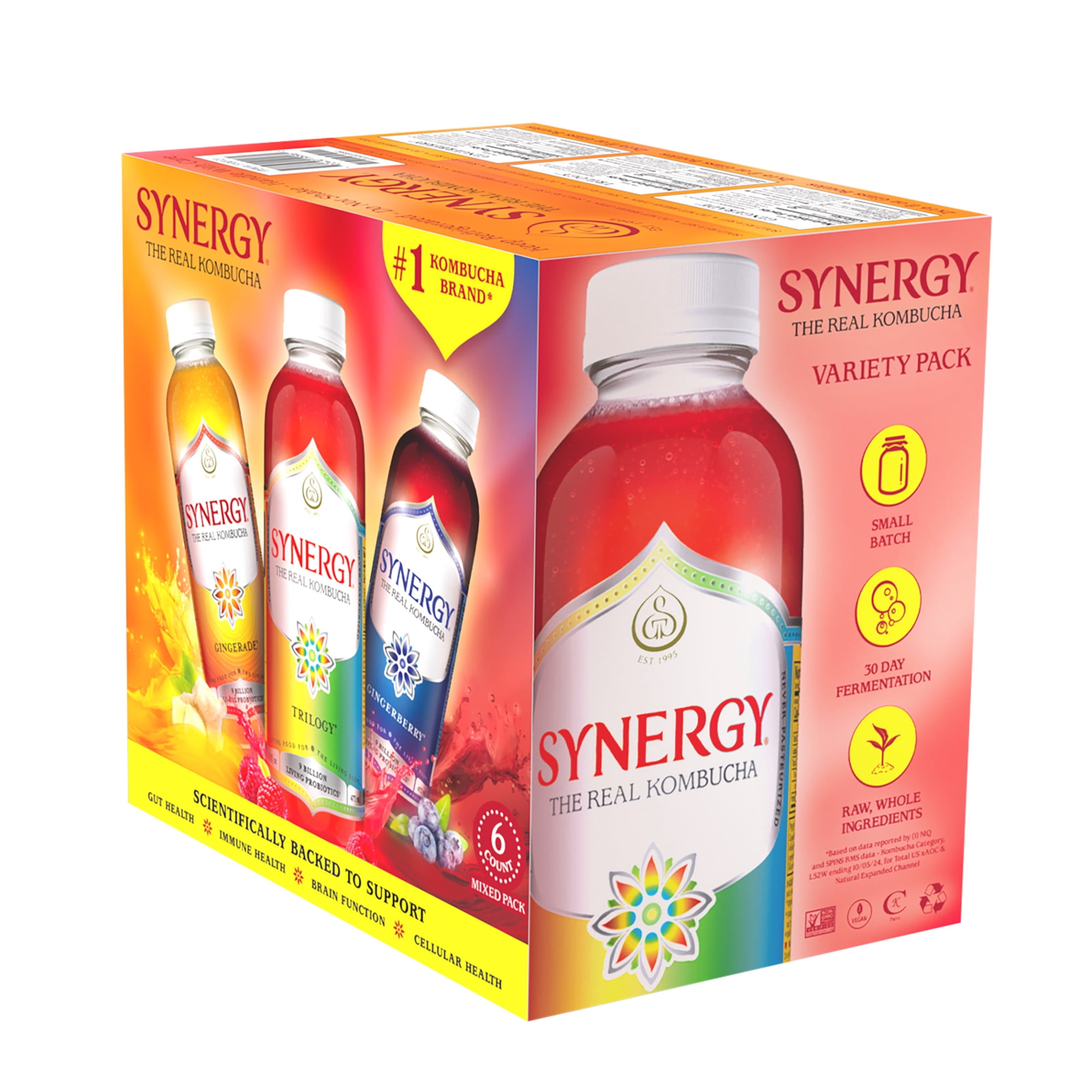 GT's Synergy Mixed Pack Raw Kombucha 6 - 16 fl oz Glass Bottles