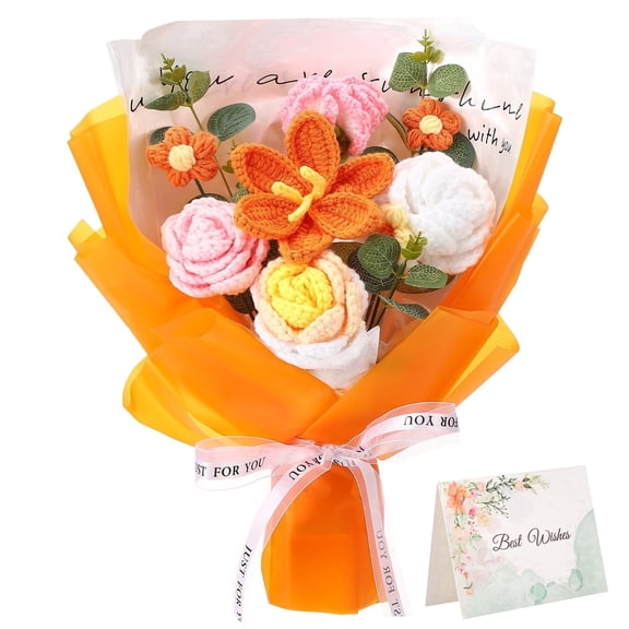 Armscye Yellow Crochet Flower Bouquet, Handmade Knitted Flowers with Card, Just for You Forever Bouquet, Artificial Knitted Blooms for Birthday, Room Decor & Back to College