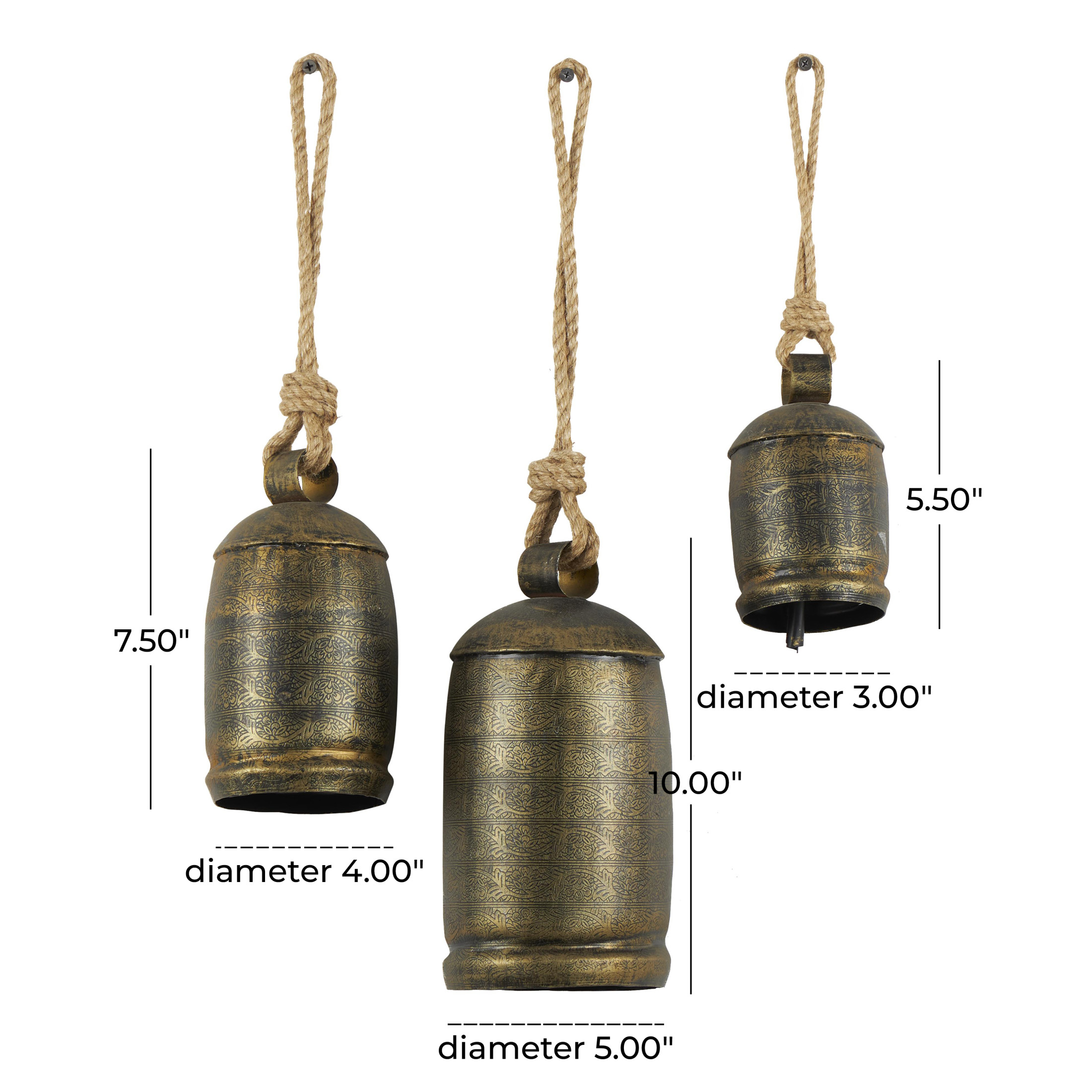 DecMode Bronze Metal Tibetan Inspired Decorative Hanging Bell Chime Set of 3 5", 4", 3"H, Features a Round Shape with Solid Pattern and Metal Clappers