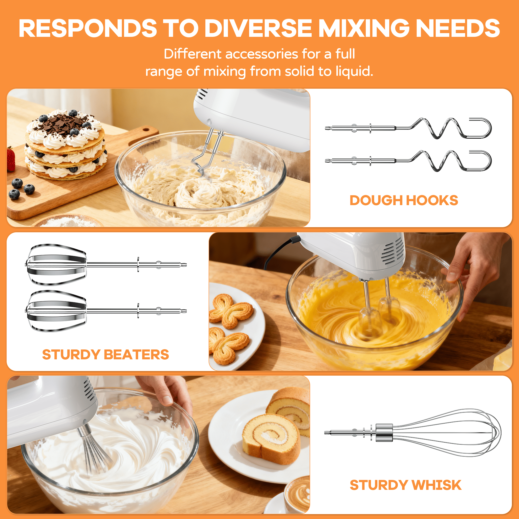Wnkim Electric Hand Mixer,5-Speed with Stainless Steel Beaters & Dough Hooks