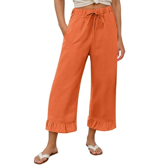 TYGHBN Wide Leg Capri Pants for Women Summer Linen Elastic Waisted Pull On Capris with Pockets Boho Beach Ruffle Pants Women Casual Pants for Work Out Womens Workout Pants Stretchy Business Casual