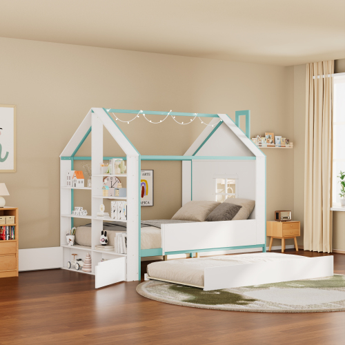 Full Size Kids House Bed Frame with Pull-Out Trundle, Foot-End Storage Shelves & Cool White LED Lights, White+Blue