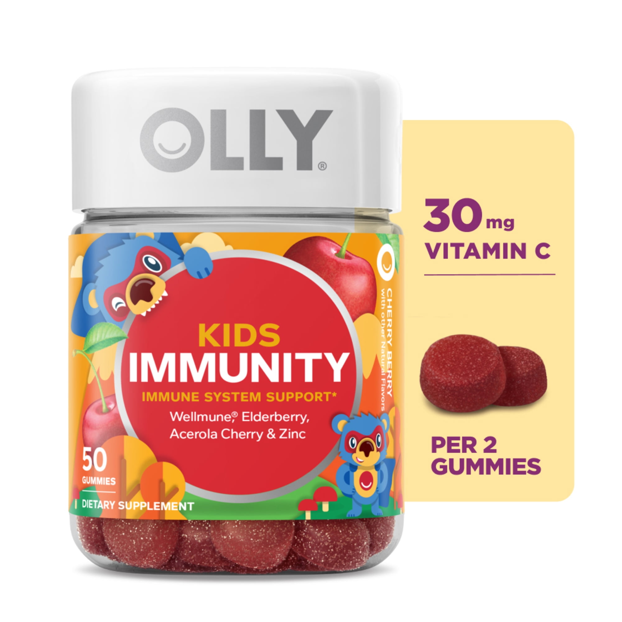 OLLY Kids Immunity Gummy Supplement with Wellmune and Elderberry, Cherry Berry Flavored, 50 Count
