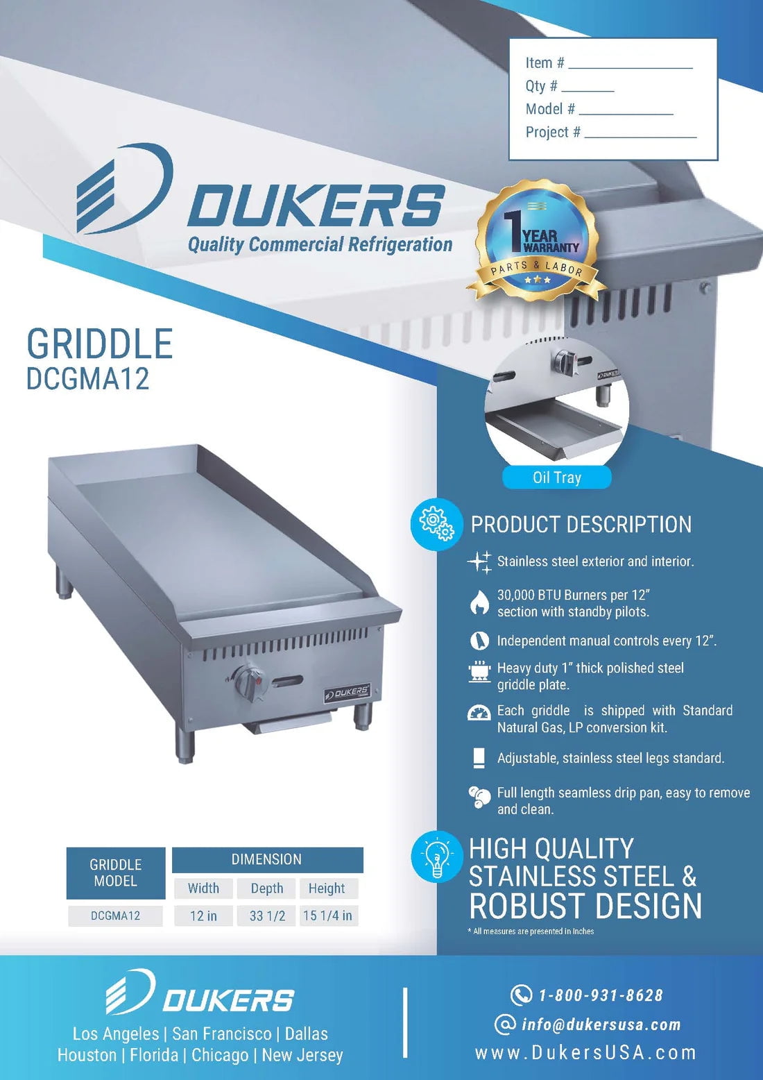 Dukers DCGMA12 12" Griddle - 1 Burner