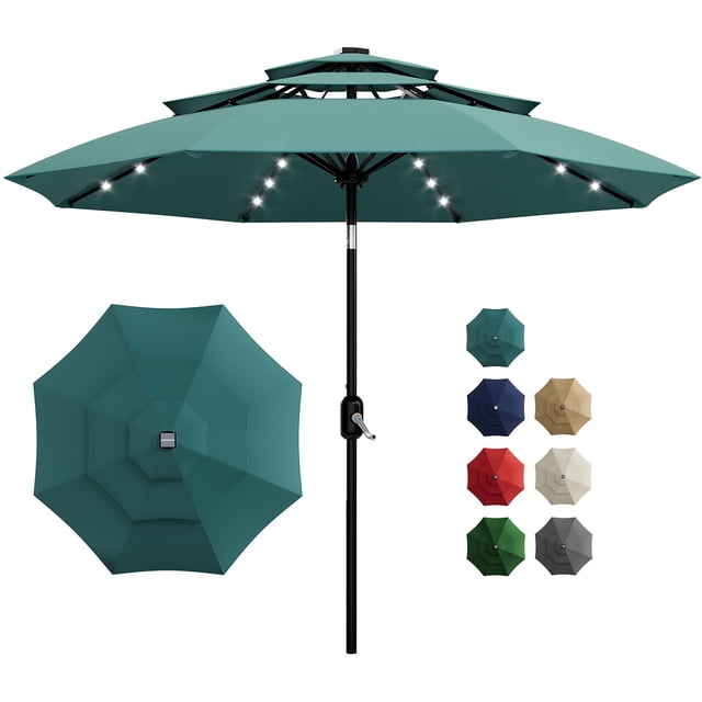BeesClover 10Ft 3-Tier Solar Patio Umbrella with LED Lights, Outdoor Table Umbrella with Vents, Easy Crank and Push Button Tilt, Market Umbrella with 8 Sturdy Ribs for Pool, Deck, Yard