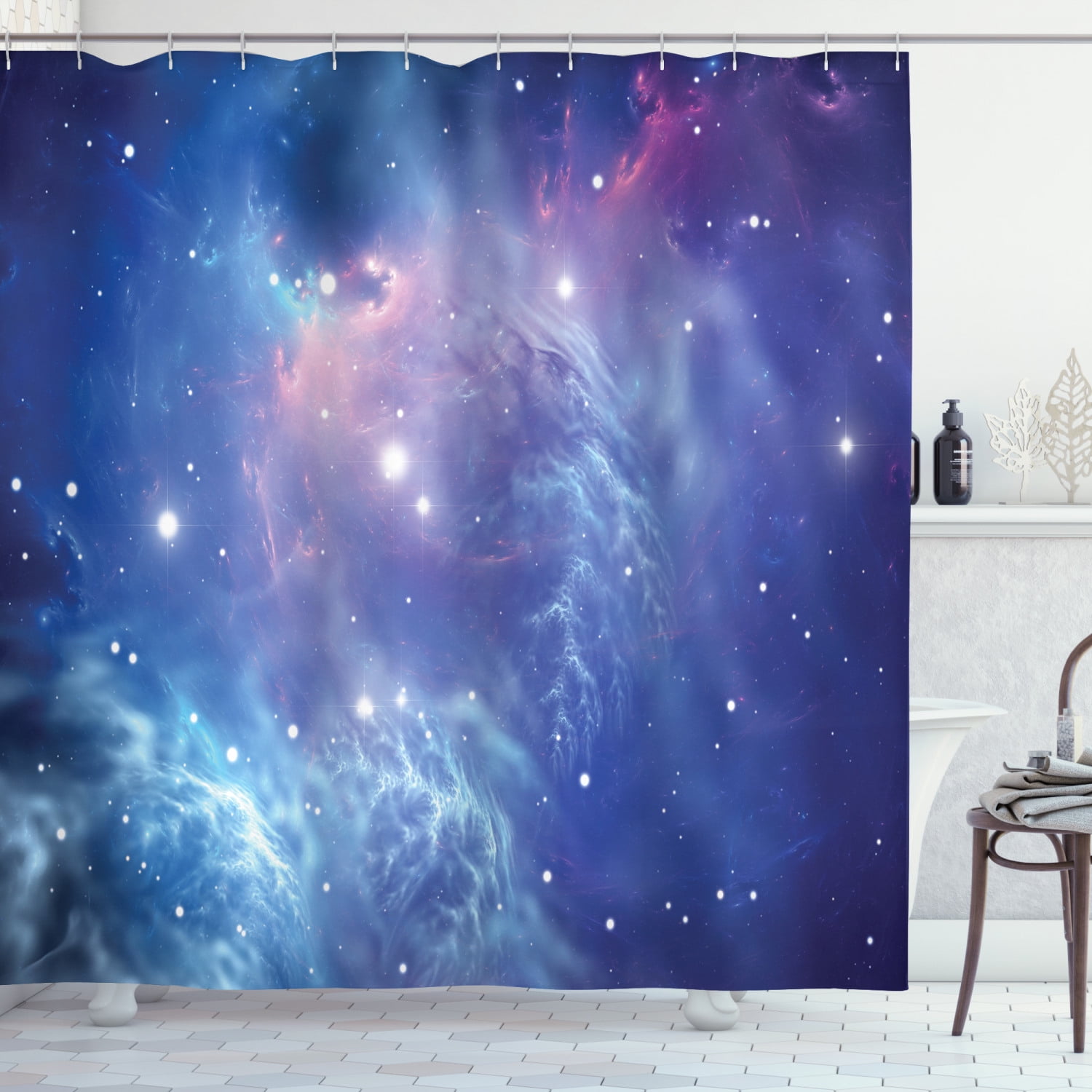 Space Purple Nebula and Stars Shower Curtain Set Bathroom Polyester Fabric Hooks 
