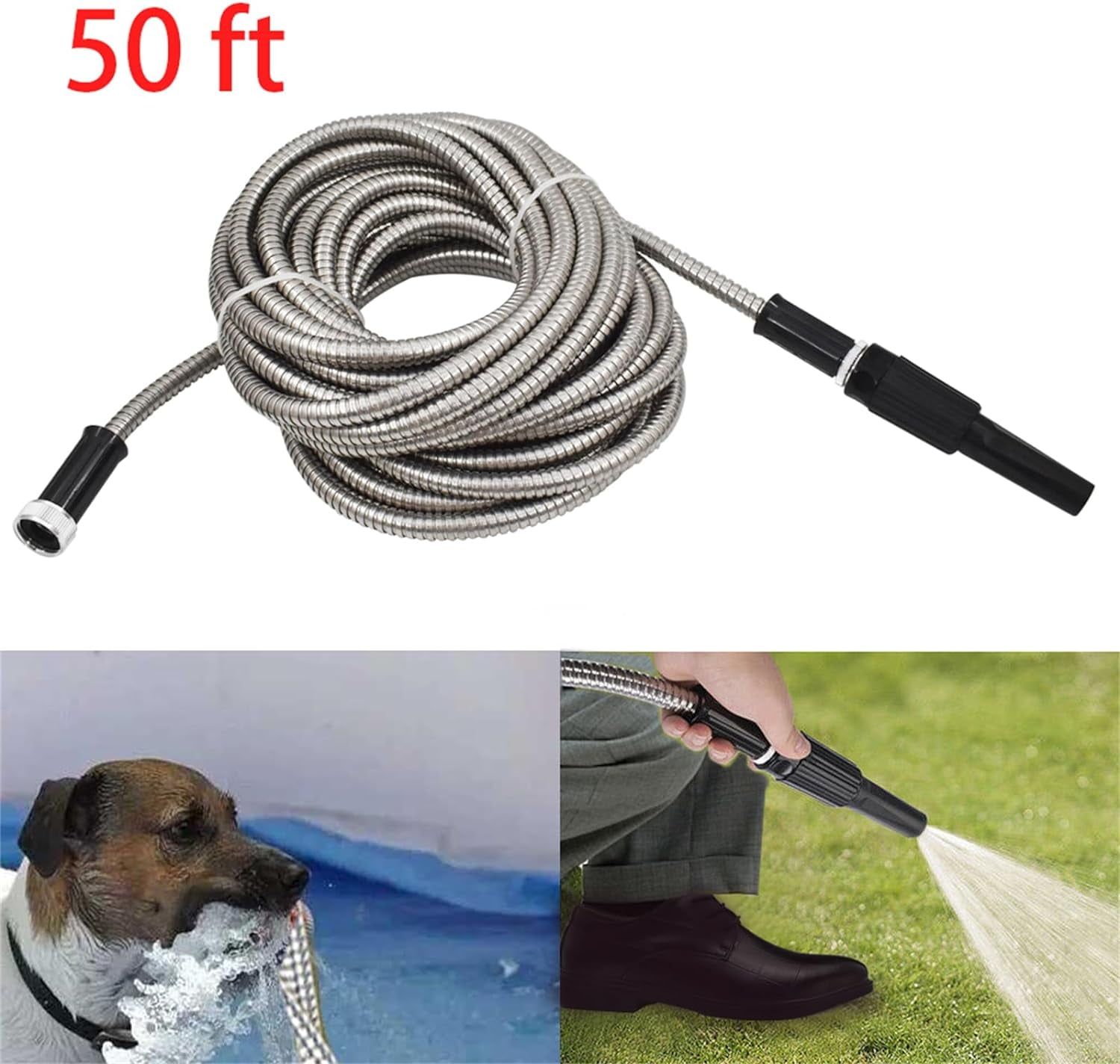 OTTULUR 304 Stainless Steel Garden Hose, Lightweight Metal Hose with Free Nozzle, Guaranteed Flexible and Kink Free (50FT)
