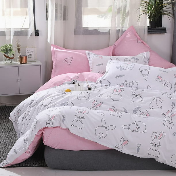 Kawaii Bedding Set for Kids Girls Cute Cartoon Rabbit Bedding Set Sketch Carrot Duvet Cover Kawaii Room Decor Pink Soft Reversible Comforter Cover