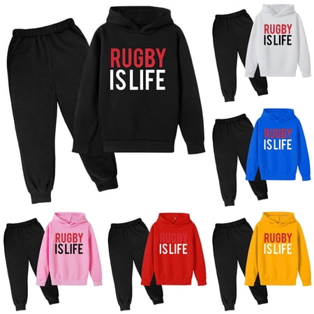 Hooded Football Letter Printed Hoodie Pants Children's Casual Two Piece Fashion Trend Football Fans Sports Rugby Player Sports Baby Boy Outfit 11-12 Years