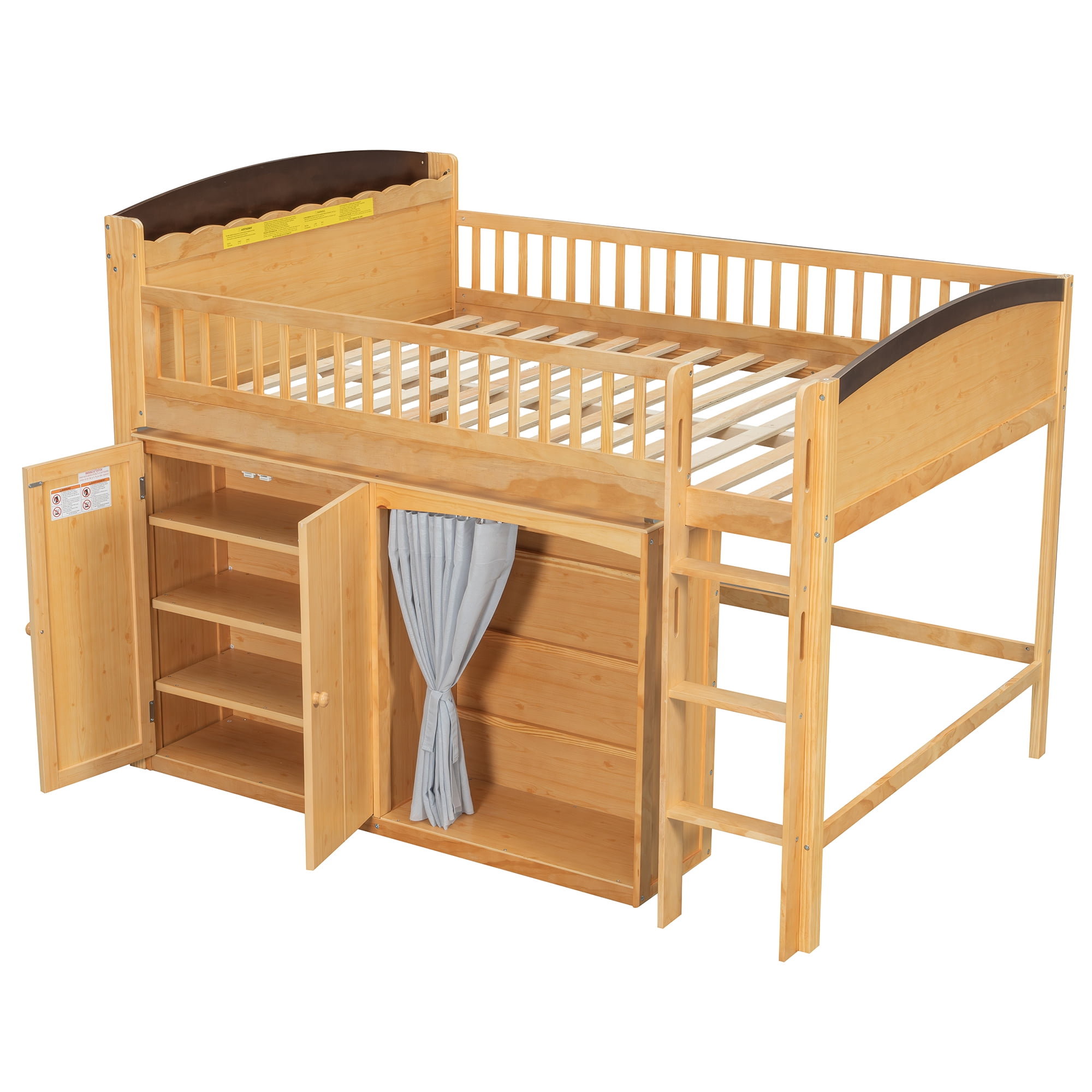 Euroco Wood Full Loft Bed with Wardrobe and Cabinets, LED Light, Wood