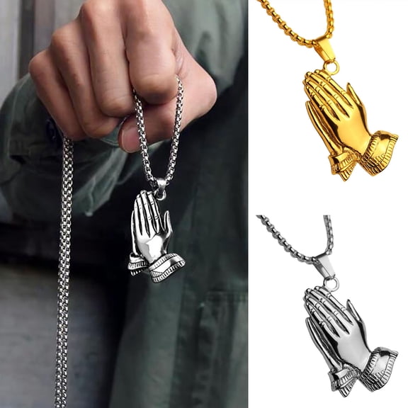 AYYUFE Hip Hop Lucky Men Necklace Stainless Steel Praying Hand Pendant Necklace Jewelry Accessory