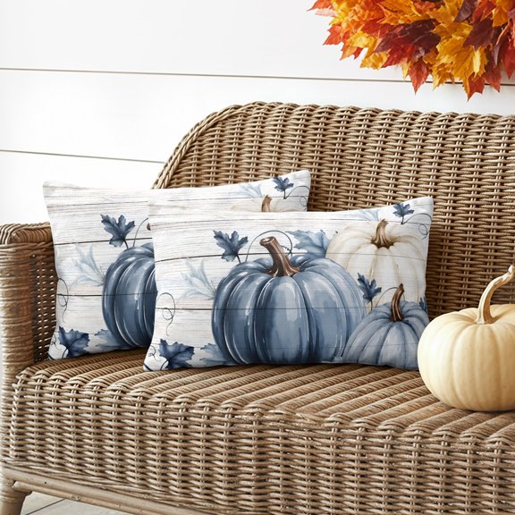 Outdoor Waterproof Throw Pillow Cover Thanksgiving Blue White Pumpkins Decorative Pillow Covers 20x12inch Set of 2 Pillows Case, Wood Board Background Cushion Cases for Sofa Couch Patio Garden