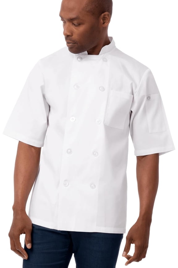 Men's Volnay Chef Coat, White Poly Cotton Chef Jacket with Thermometer Pocket, Small