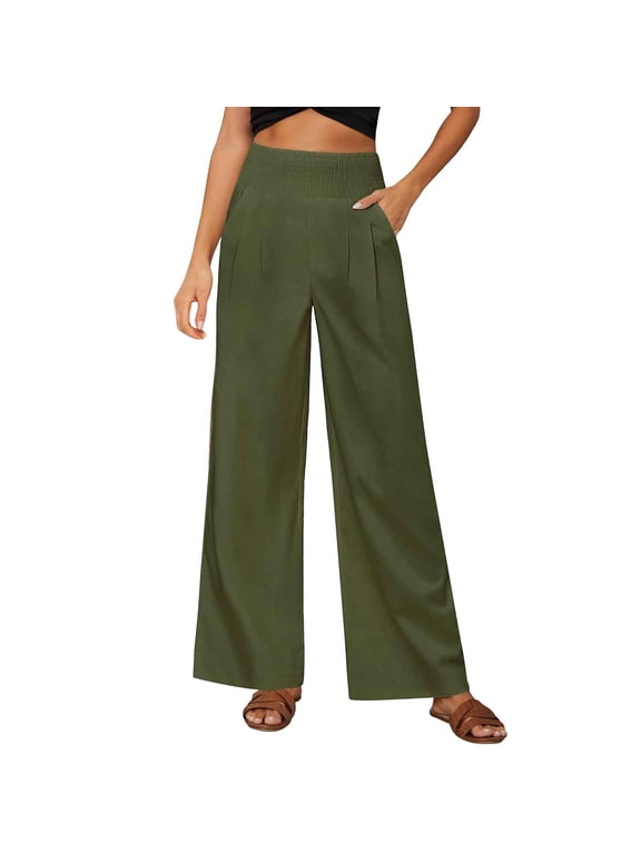 Outfmvch Linen Pants Women Women' S Culottes High Waisted Linen Pants Women Baggy Linen Wide Leg Cropped Linen Pants Women Wide Leg Linen Pants Baggy Capris for Women Beach Pants Army Green S-2XL