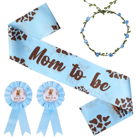Highland Cow Baby Shower Decorations Boy, Blue Highland Cow Party Favors Include Mom Dad to Be Sash Pin Flower Crown Headband for Blue Highland Cow Gender Reveal Party Pregnancy Props