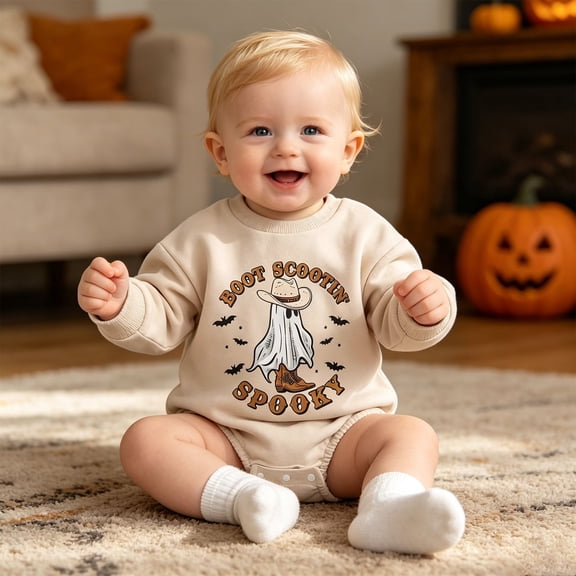 FASHOFT Baby Boy Halloween Outfit Halloween Print Long Sleeve Romper Kids Jumpsuit For Children Holiday Cosplay Party Casual Daily Wear Halloween For Boys Beige 6-12 Months