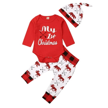 

Domingbub Baby Boy Girl Clothes Newborn First Christmas Clothe Romper Pant Hat Outfit Casual Baby Clothing Set Red 6-9M