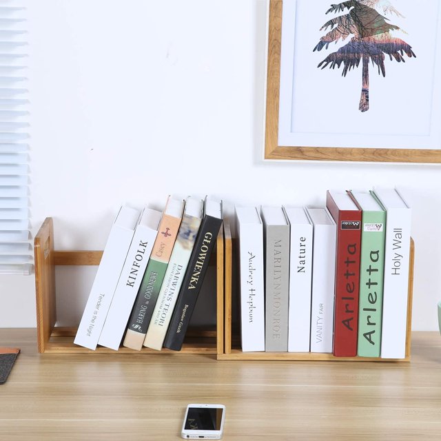 Maydear Bamboo Desktop Bookshelf, Small Expandable Desktop Organizer Table Top Bookcase for Office and Home