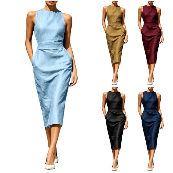 Formal Dresses for Women Sleeveless Fitted Waist Pencil Midi Dress with Pockets Breathable Casual Office Work Sundress Sky Blue S