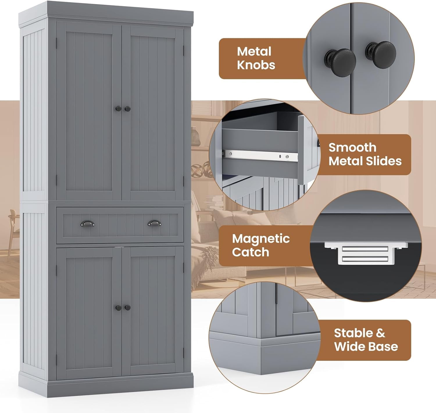 Traditional Kitchen Pantry Cabinet, Kitchen Cupboard with Double-Doors, Large Drawer and Adjustable Shelves for Dining Room, Bathroom