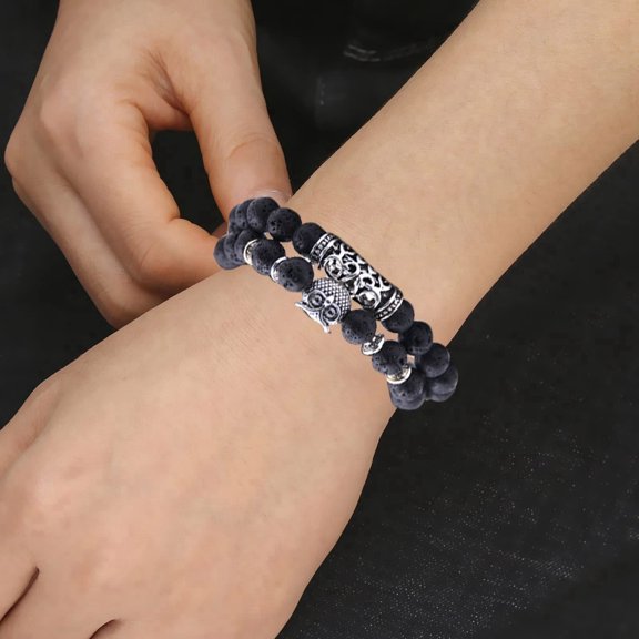 Owl Shape Bracelet Natural Stone Jewelry Set Handmade Adjustable Unique Design for Men Women 2PCS