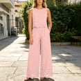 thumbnail image 2 of Women 2 Piece Lace Matching Outfit Set, Sleeveless Round Neck Lace Crop Top High Waist Wide Leg Pants with Floral Hollow Hem Casual Party Vacation Tracksuit Pink S(S), 2 of 7