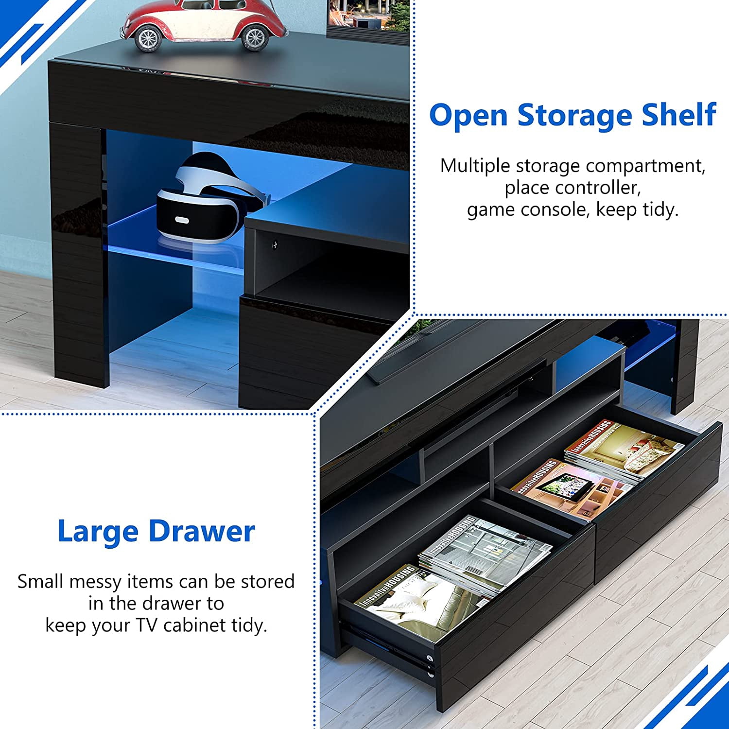 PWFE LED Light TV Stand for 55/60/65 inch TV, Modern Gloss Entertainment Center with Drawer and Glass Open Shelf, TV Console Table for Living Room, Black