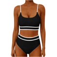 thumbnail image 3 of Maqroz Striped Trim High Waisted Bikini Set for Women Sporty Two Piece Swimsuit Scoop Neck Bathing Suit Athletic Swimwear Beachwear for Summer Pool Party Vacation, 3 of 3