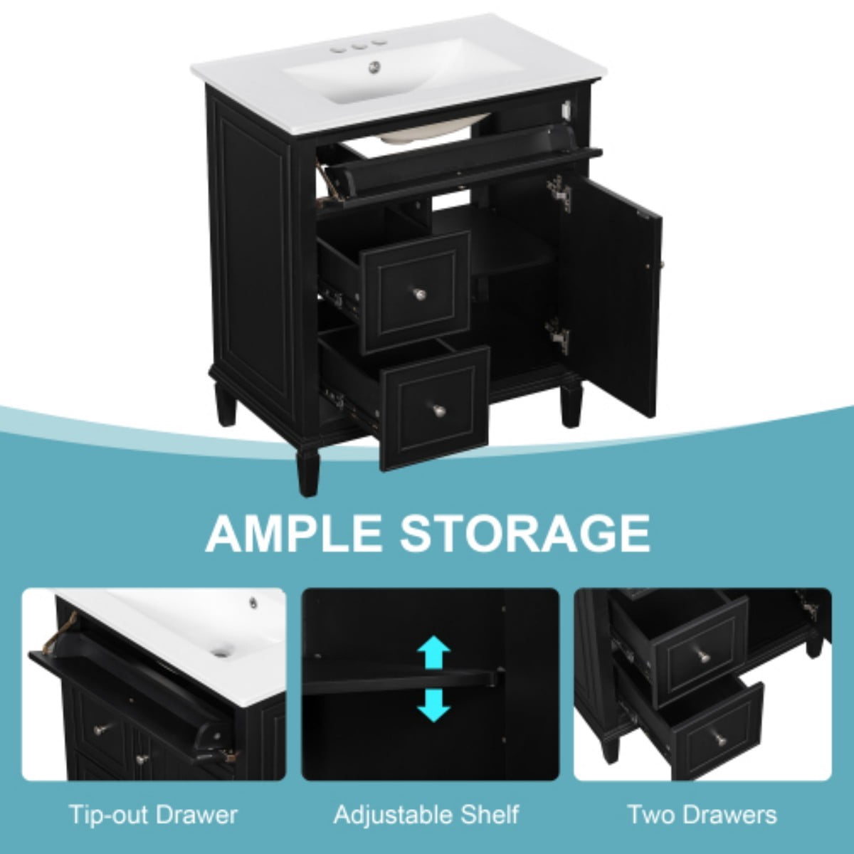 30" Bathroom Vanity with Sink, Modern Bathroom Cabinet with Ceramic Vanity Sink, Solid Wood & MDF Storage Cabinet with Flip Drawer, Adjustable Shelf, Black