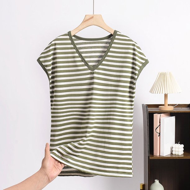 Pijama de manga corta para mujer, informal, holgado, a rayas, con cuello en V, de verano, fino, de poliéster