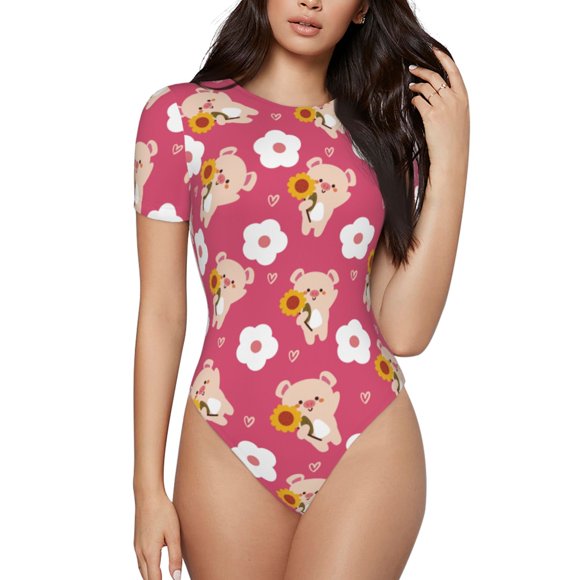 Bingfone Piggy Sunflower Pattern Women's Round Neck Bodysuit, Tight Snap Button Short Sleeve Bodysuit, Suitable for Party, Sports, Daily Wear-Medium
