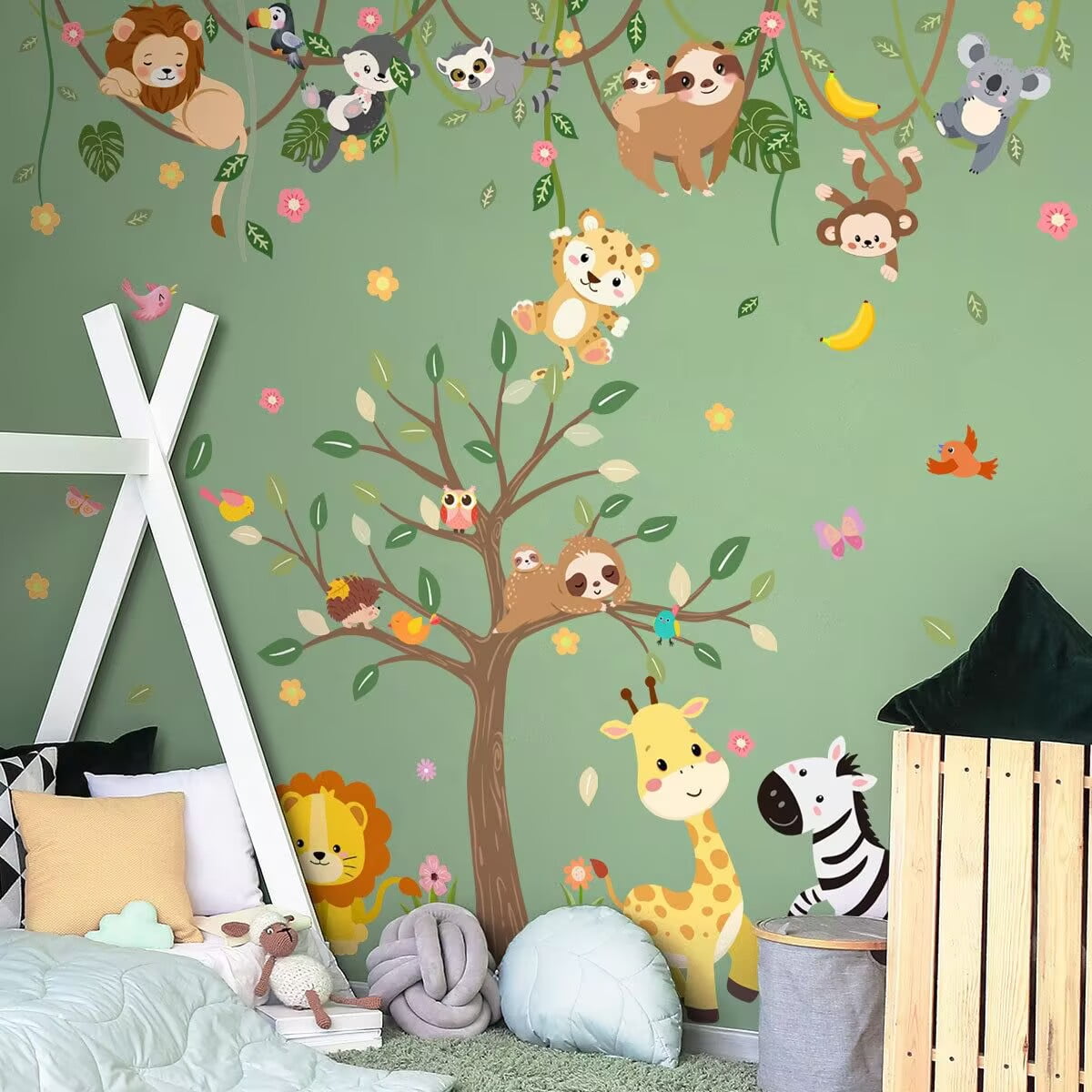 Jungle Animals Tree Branch Wall Decals Safari Monkey Giraffe Lion Wall Stickers Removable Peel and Stick Baby Nursery Kids Room Daycare Wall Decor