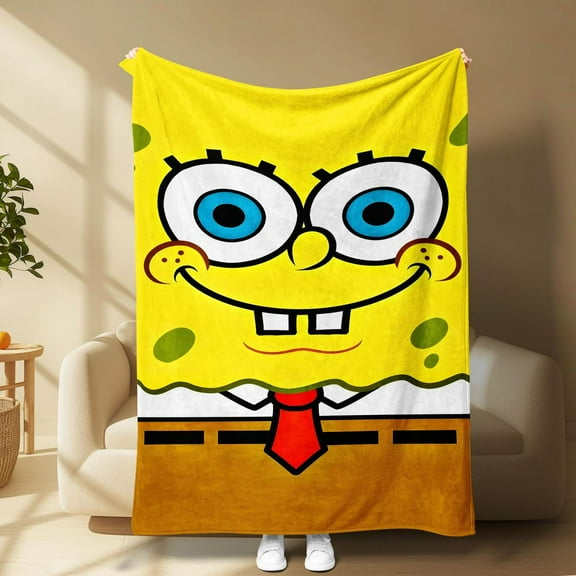 [60x50inch] Spongebob Flannel Blanket, Classic Cartoon Big Face Yellow Design, Fun Unique Style, Soft Cozy Throw Blanket for Bed Sofa Couch Nap Office Travel Camping, Lightweight Deco