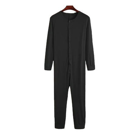 CVLIFE Men Union Suit Solid Color Bodysuit Long Sleeve One Piece Pajama  Plain Underwear Onesie Pajamas Sleeping Sleepwear Black 2XL 