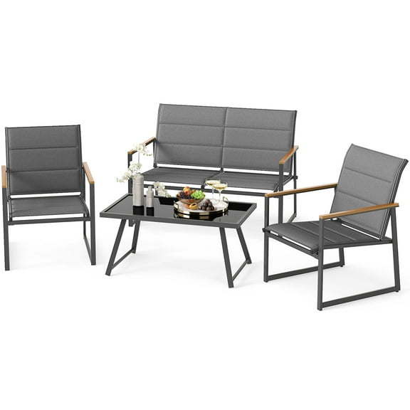Gymax 4 Piece Patio Furniture Set Outdoor Metal Conversation Set w/ Padded Fabric Seat