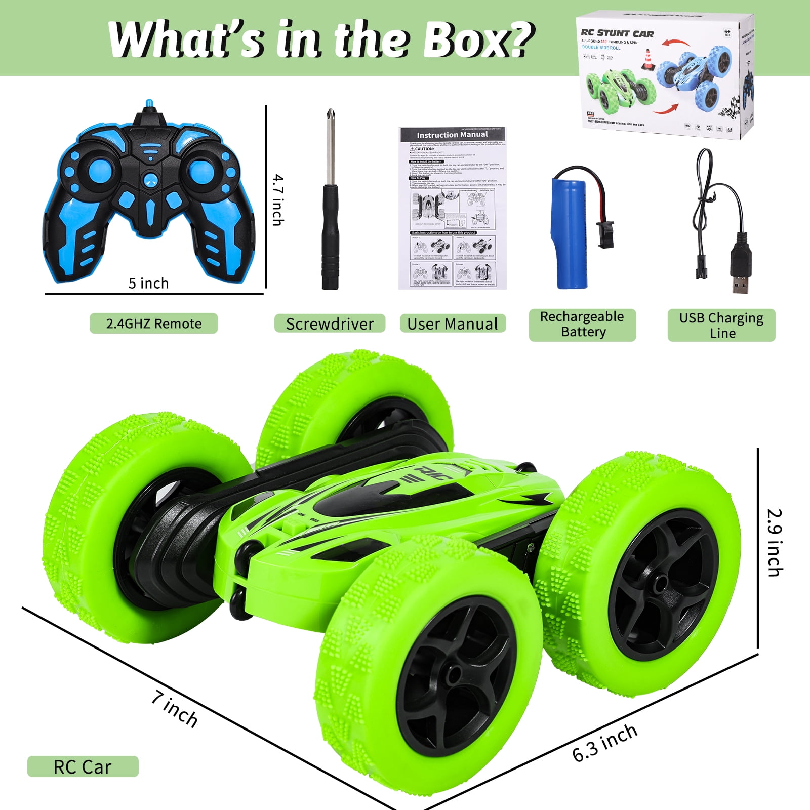 Remote Control Car,360 Flips Rotating Stunt RC Cars,Double Sided RC Car with LED Lights, 2.4Ghz All Terrain Rechargeable Electric Drift Car Birthday Christmas Gift Toys for Kids Boys Girls Green