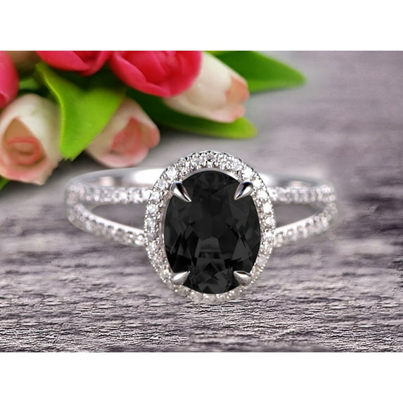 2.25 Cartat 8x6mm Oval Cut Black Diamond Moissanite Engagement Ring Wedding Ring On 10k White Gold Split Shank Stacking Band Shining Startling Ring Anniversary Gift