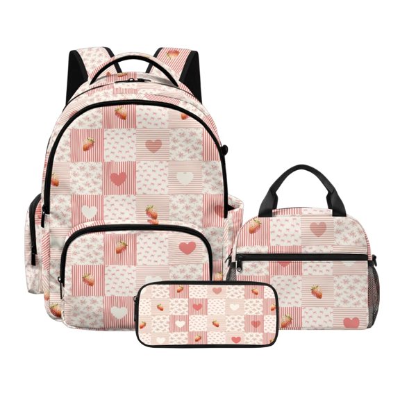 Tutolipy Strawberry Floral Printed Backpack Set with Lunch Box Pencil Case 3 Pcs School Bag Bookbag Set with Insulated Bag for Girls 8-12 Lightweight Kids Back to School Bag, Pink