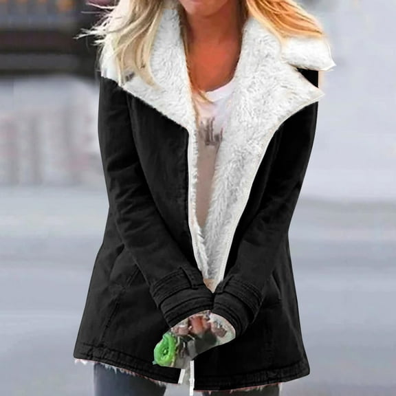 gbyLJF Womens Fleece-lined Jackets Solid Color Lapel Long Sleeve Zip Up Coats Winter Casual Warm Outwear Coats with Pockets