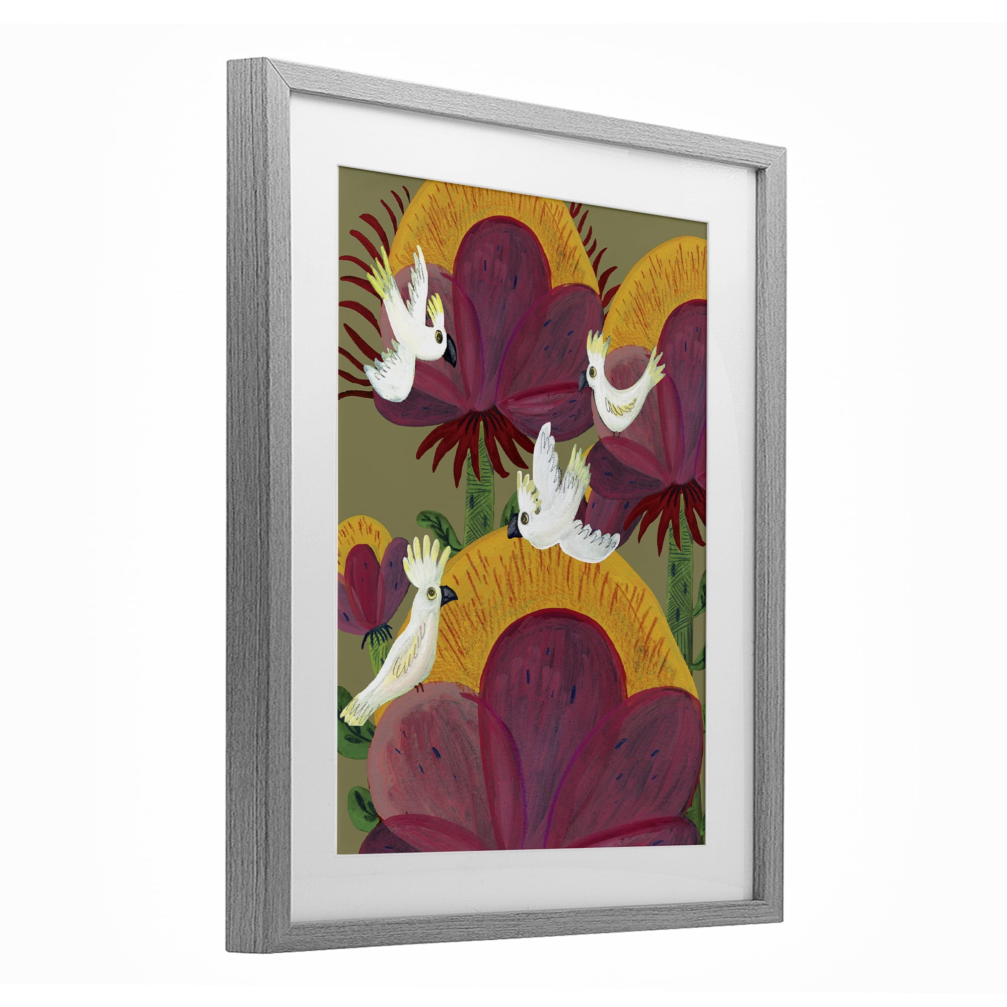 Stupell Industries Tropical Cockatoos & Plants Gray Framed Print Under Glass, design by Kay Widdowson