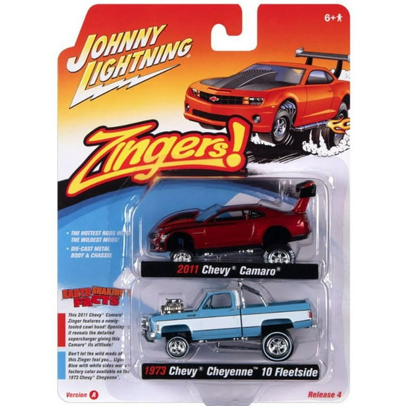 Greenlight Collectibles 1/64 Zingers Chevrolet Twin Pack, 1973 Cheyenne and 2011 Camaro,  Johnny Lightning, JLSP221A