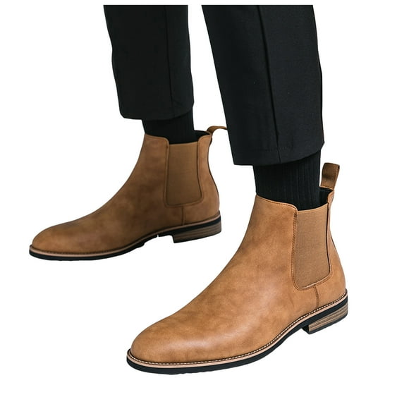 Men's Chelsea Boots Fashion Leather Pointed Toe Winter Fall Elastic Slip on Mid Calf Short Ankle Booties